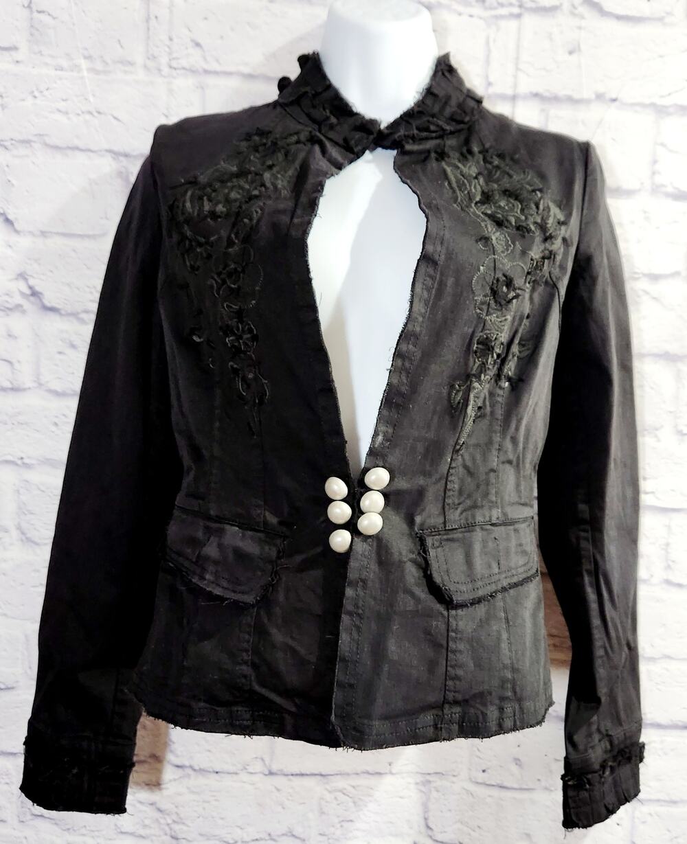 Gypsy & Co. Black Embroidered Floral Band Collar Jacket Small Long Sleeves
